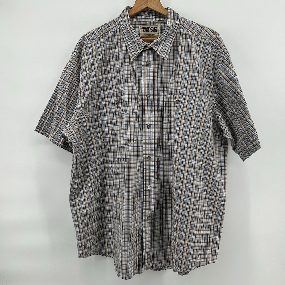 Wrangler Rugged Wear Shirt Mens 2XL Western Plaid Brown Blue Dadcore Workwear
